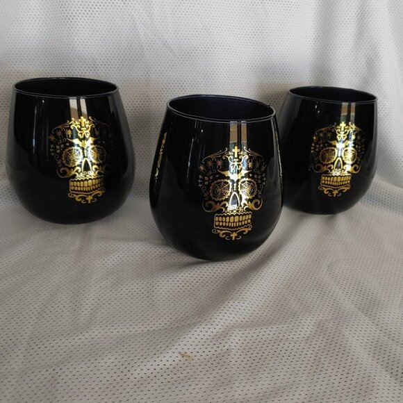 Black & Gold Skulls Stemless Wine Glasses (set of 4) - Picture 1 of 8